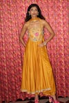 Buy_Rishi and Vibhuti_Yellow Crepe Embroidery, Foil Printing Square Neck Floral Yoke Anarkali Set _at_Aza_Fashions