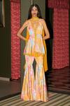 Buy_Rishi and Vibhuti_Yellow Organza, Crepe Piping, Pom-poms V-neck Floral Print Jacket Gharara Set _at_Aza_Fashions