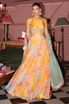 Rishi and Vibhuti_Yellow Crepe Embroidery, Pom-poms Halter Neck Boho Bloom Print Skirt Set _at_Aza_Fashions