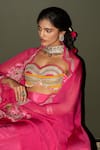 Rishi and Vibhuti_Pink Crepe Patchwork, Embroidery Sweetheart , Open Cape Skirt Set _at_Aza_Fashions