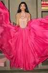 Buy_Rishi and Vibhuti_Pink Crepe Beads, Pom-poms Round Neck Panorama Embroidered Corset And Skirt Set _Online_at_Aza_Fashions