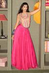 Buy_Rishi and Vibhuti_Pink Crepe Beads, Pom-poms Round Neck Panorama Embroidered Corset And Skirt Set _at_Aza_Fashions