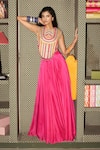 Shop_Rishi and Vibhuti_Pink Crepe Beads, Pom-poms Round Neck Panorama Embroidered Corset And Skirt Set _Online_at_Aza_Fashions