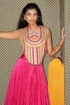 Rishi and Vibhuti_Pink Crepe Beads, Pom-poms Round Neck Panorama Embroidered Corset And Skirt Set _at_Aza_Fashions