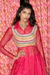 Buy_Rishi and Vibhuti_Fuchsia Organza, Crepe Embroidery Collared, Round Neck Jacket Pant Set _Online_at_Aza_Fashions