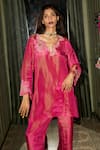 Shop_Rishi and Vibhuti_Fuchsia Chanderi Embroidery, Patchwork V-neck Kurta And Pant Set _at_Aza_Fashions