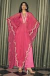 Buy_Rishi and Vibhuti_Fuchsia Crepe Embroidery, Zari V-neck Ethereal Kaftan Pant Set _at_Aza_Fashions