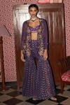 Shop_Rishi and Vibhuti_Purple Organza, Georgette Embroidery, Metallic Dazzling Duo Jacket Gharara Set _at_Aza_Fashions