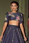 Shop_Rishi and Vibhuti_Blue Chanderi Embroidery, Pom-poms Round Neck Imperial Lehenga And Blouse Set _at_Aza_Fashions