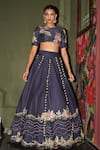 Buy_Rishi and Vibhuti_Blue Chanderi Embroidery, Pom-poms Round Neck Imperial Lehenga And Blouse Set _at_Aza_Fashions