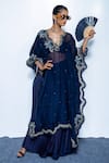 Buy_Rishi and Vibhuti_Blue Chanderi, Organza Embroidery, Zari V-neck, Bandeau Monarch Kaftan Pant Set _at_Aza_Fashions