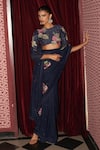 Shop_Rishi and Vibhuti_Blue Organza, Crepe Embroidery, Sequins Round Midnight Floral Saree With Blouse _Online_at_Aza_Fashions