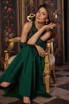 Shop_Studio22 By Pulkita Arora Bajaj_Emerald Green Satin Tassels, Beads, Lustrous Pre-draped Lehenga Saree And Blouse _Online_at_Aza_Fashions