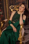 Studio22 By Pulkita Arora Bajaj_Emerald Green Satin Tassels, Beads, Lustrous Pre-draped Lehenga Saree And Blouse _at_Aza_Fashions