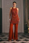 Buy_Studio22 By Pulkita Arora Bajaj_Red Georgette Embroidery Halter Neck Scarlet Tunic And Flared Pant Set With Tonal _at_Aza_Fashions