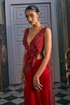 Studio22 By Pulkita Arora Bajaj_Red Satin Beads, Crystals, Tassels V-neck Regina Draped Saree With Blouse _at_Aza_Fashions