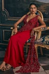 Buy_Studio22 By Pulkita Arora Bajaj_Red Satin Beads, Crystals, Tassels V-neck Regina Draped Saree With Blouse _at_Aza_Fashions