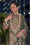 Surkh Syahi_Olive Green Velvet Embroidery, Sequins Mandarin Naaz A-line Kurta And Palazzo Set _Online_at_Aza_Fashions