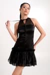 Buy_Verano By Tanya_Black Organza, Crepe Ruffles Halter Neck Athena Short Dress _at_Aza_Fashions