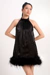 Buy_Verano By Tanya_Black Organza, Crepe Beads, Feathers Halter Neck Trinity Short Dress _at_Aza_Fashions
