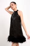 Shop_Verano By Tanya_Black Organza, Crepe Beads, Feathers Halter Neck Trinity Short Dress _Online_at_Aza_Fashions