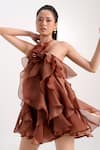 Shop_Verano By Tanya_Brown Organza, Crepe Fabric Flowers Halter Neck Claire Ruffle Dress _Online_at_Aza_Fashions