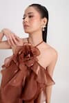 Verano By Tanya_Brown Organza, Crepe Fabric Flowers Halter Neck Claire Ruffle Dress _at_Aza_Fashions