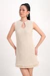 Buy_Verano By Tanya_Cream Tweed Sequins, Rhinestones Keyhole Neck Grace Short Dress _Online_at_Aza_Fashions