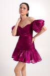 Verano By Tanya_Magenta Organza, Crepe Off-shoulder, Sweetheart Neck Macie Short Dress _Online_at_Aza_Fashions