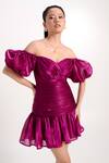 Verano By Tanya_Magenta Organza, Crepe Off-shoulder, Sweetheart Neck Macie Short Dress _at_Aza_Fashions