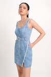 Verano By Tanya_Blue Denim Pearls Scoop Neck Aspen Short Dress With Belt _Online_at_Aza_Fashions