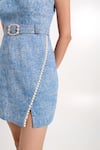 Verano By Tanya_Blue Denim Pearls Scoop Neck Aspen Short Dress With Belt _at_Aza_Fashions