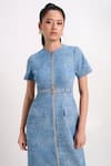 Shop_Verano By Tanya_Blue Denim Buckles, Studs Round Neck Aspen Dress With Belt _Online_at_Aza_Fashions