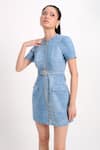 Verano By Tanya_Blue Denim Buckles, Studs Round Neck Aspen Short Dress With Belt _Online_at_Aza_Fashions