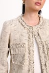 Shop_Verano By Tanya_Ivory Tweed Fringe, Rhinestones Astrid Blazer _Online_at_Aza_Fashions