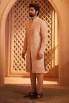 Millionaire_Peach Silk Pearls, Embroidery Floral Sherwani Set _at_Aza_Fashions