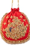 5elements_Red Embroidery, Sequins, Beads, Tassels Ruvika Peacock Potli Bag _at_Aza_Fashions