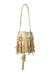 Shop 5elements Gold Beads, Tassels, Pearls Aadhira Peacock Jhumka Embellished Potli Bag at Aza Fashions Shop_5elements_Gold Beads, Tassels, Pearls Aadhira Peacock Jhumka Embellished Potli Bag _at_Aza_Fashions