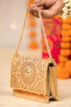 Shop 5elements Peach Beads, Pearls, Mirrors Aarna Brocade Paisley Motif Clutch Bag With Sling Shop_5elements_Peach Beads, Pearls, Mirrors Aarna Brocade Paisley Motif Clutch Bag With Sling