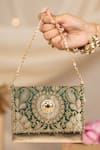 5elements_Green Embroidery, Stones, Pearls, Beads Vanika Brocade Motif Handbag  _at_Aza_Fashions