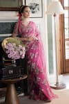 Buy_Summer By Priyanka Gupta_Pink Organza Embroidery, Sequins V-neck Twilight Saree With Blouse _at_Aza_Fashions