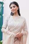 Summer By Priyanka Gupta_Beige Organza Embroidery V-neck Blossom Bow Saree With Blouse _Online_at_Aza_Fashions