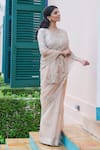 Buy_Summer By Priyanka Gupta_Beige Organza Embroidery V-neck Blossom Bow Saree With Blouse _at_Aza_Fashions