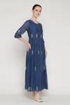 Buy_Summer By Priyanka Gupta_Blue Chanderi Embroidery Round Neck Noor E Tiered Dress _Online_at_Aza_Fashions
