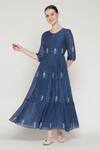 Buy_Summer By Priyanka Gupta_Blue Chanderi Embroidery Round Neck Noor E Tiered Dress _at_Aza_Fashions