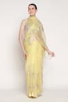 Summer By Priyanka Gupta_Yellow Silk Organza Embroidery, Sequins V-neck Buttercup Saree With Blouse _Online_at_Aza_Fashions