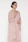 Buy_Summer By Priyanka Gupta_Pink Organza Sequins, Embroidery, Beads V-neck Big Flower Saree With Blouse _Online_at_Aza_Fashions