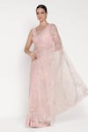 Shop_Summer By Priyanka Gupta_Pink Organza Sequins, Embroidery, Beads V-neck Big Flower Saree With Blouse _Online_at_Aza_Fashions