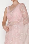 Shop_Summer By Priyanka Gupta_Pink Organza Sequins, Embroidery, Beads V-neck Big Flower Saree With Blouse 