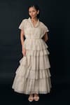 Buy_The Right Cut_Cream Embroidery V-neck, Collared Chanderi Ruffled Maxi Dress _at_Aza_Fashions